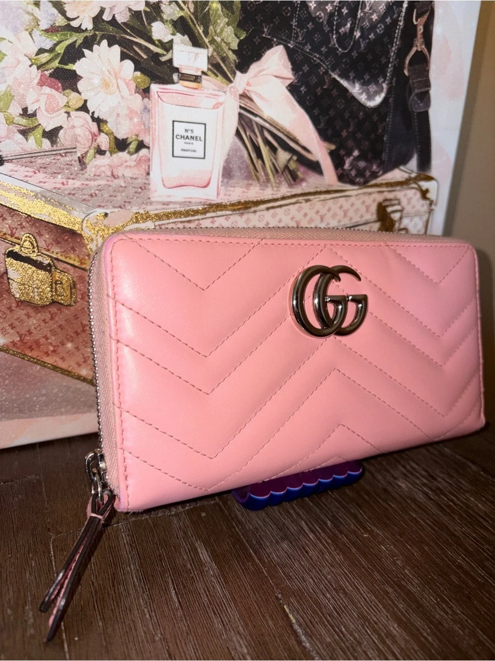 Gucci GG Marmont Zip Around Wallet Pink Leather With Silver Accent Authentic - Picture 3 of 9